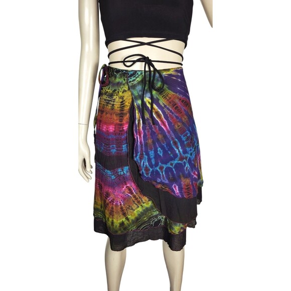 VTG Kathmandu Imports Rainbow Black Tie-Dye Wrap Skirt Festival 100% Cotton OSFM - Picture 1 of 8
